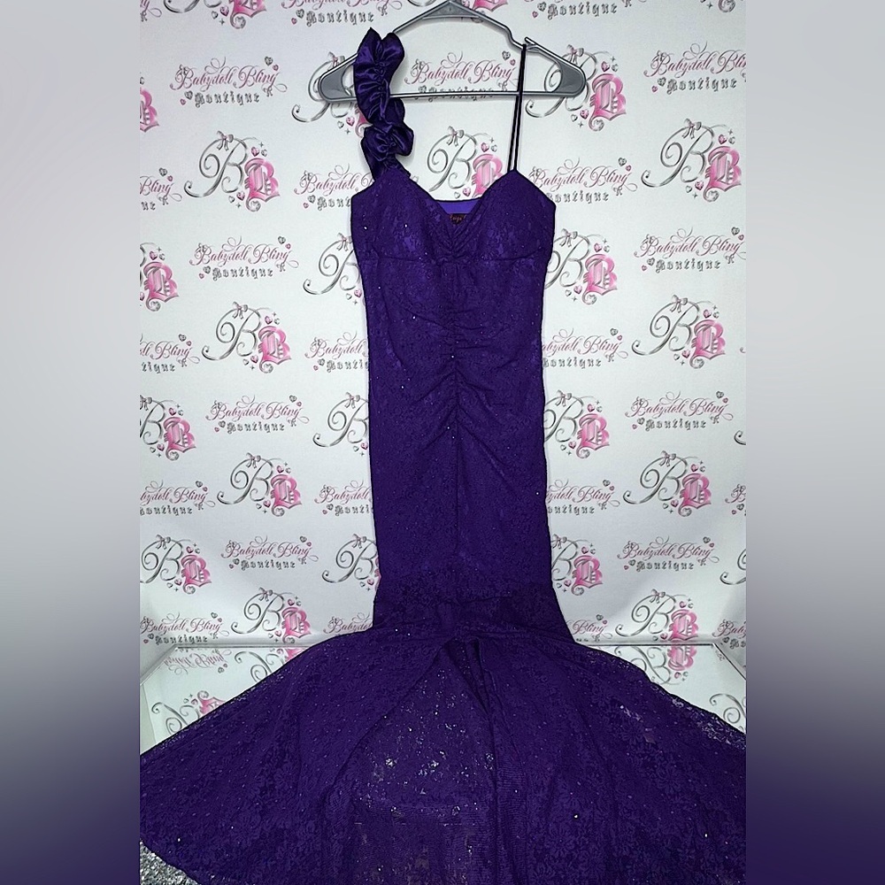 Reign on dress fancy sparkly rutched purple ball gown formal open slit mermaid